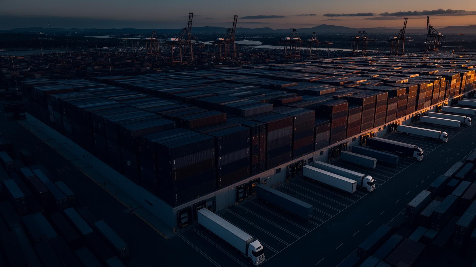 Aerial view of a commercial distribution centre with containers and trucks