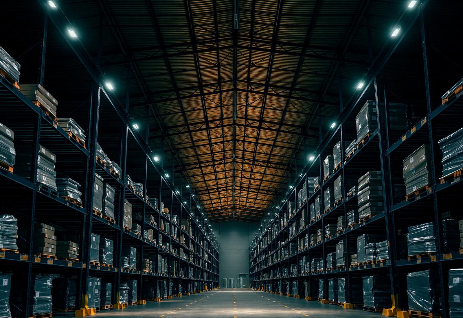 Interior of a modern commercial warehouse with high-bay racking